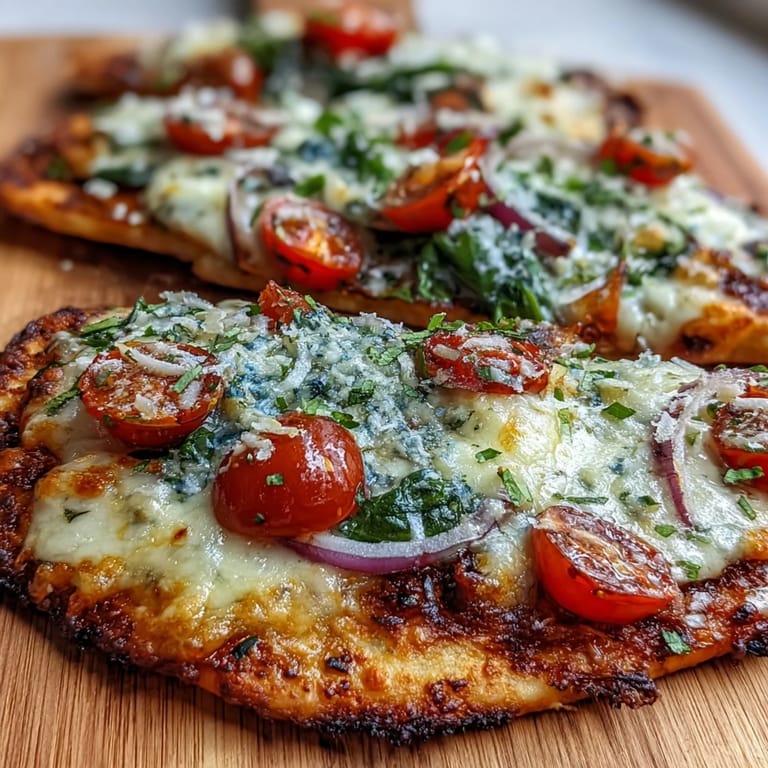 Fresh cherry tomatoes and spinach top this easy Crispy Garlic Parmesan Naan Pizza recipe.