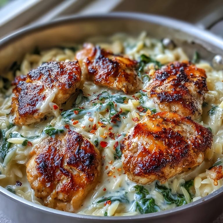 The One-Pot Creamy Garlic Parmesan Chicken Orzo features tender spinach and fresh parsley garnish.  