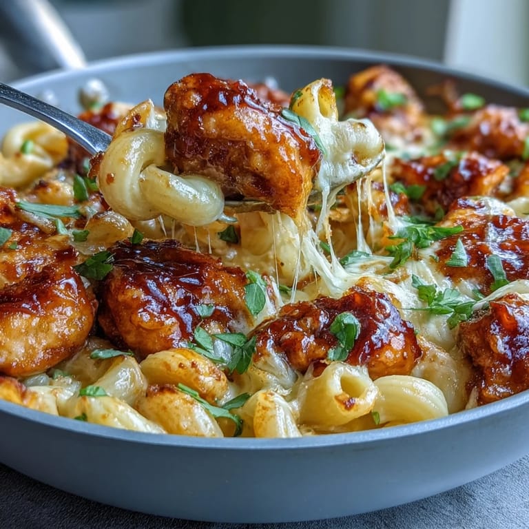 A close-up view of sticky honey BBQ sauce draping over juicy chicken and elbow macaroni, with melted cheddar and mozzarella stretching in a one-pan meal.