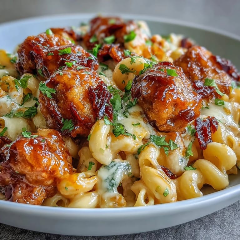 Cheesy macaroni coated in a sweet and smoky honey BBQ sauce, topped with tender chicken bites and scallions, served steaming hot right from the skillet.