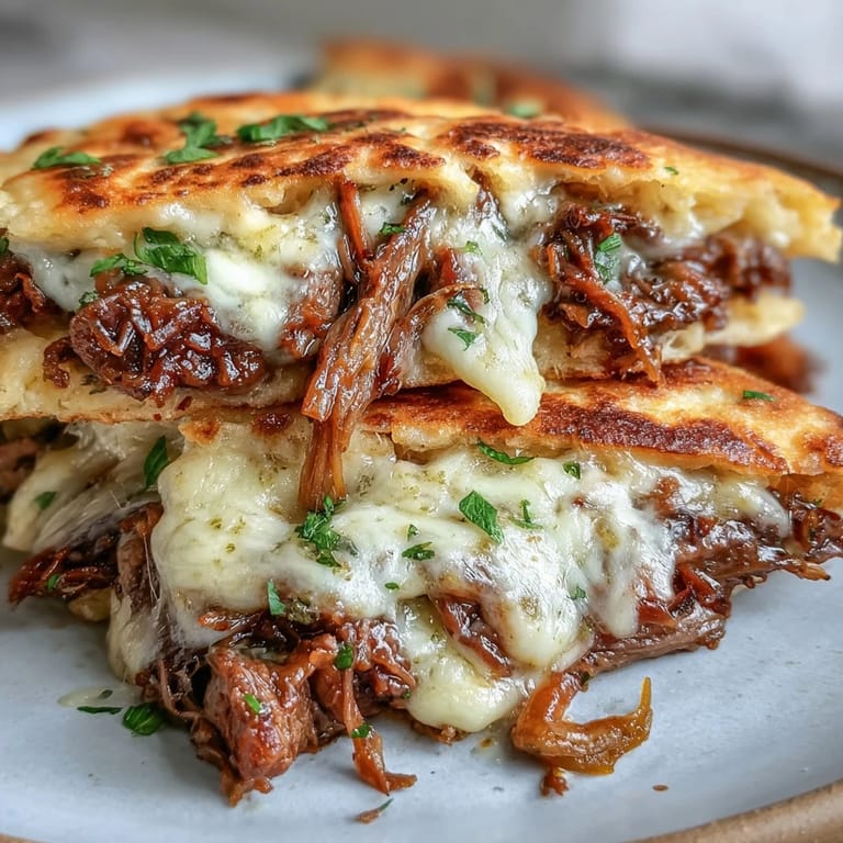 Savory Slow Cooker Beef & Garlic Naan Melt served warm with a side of rich jus for dipping.