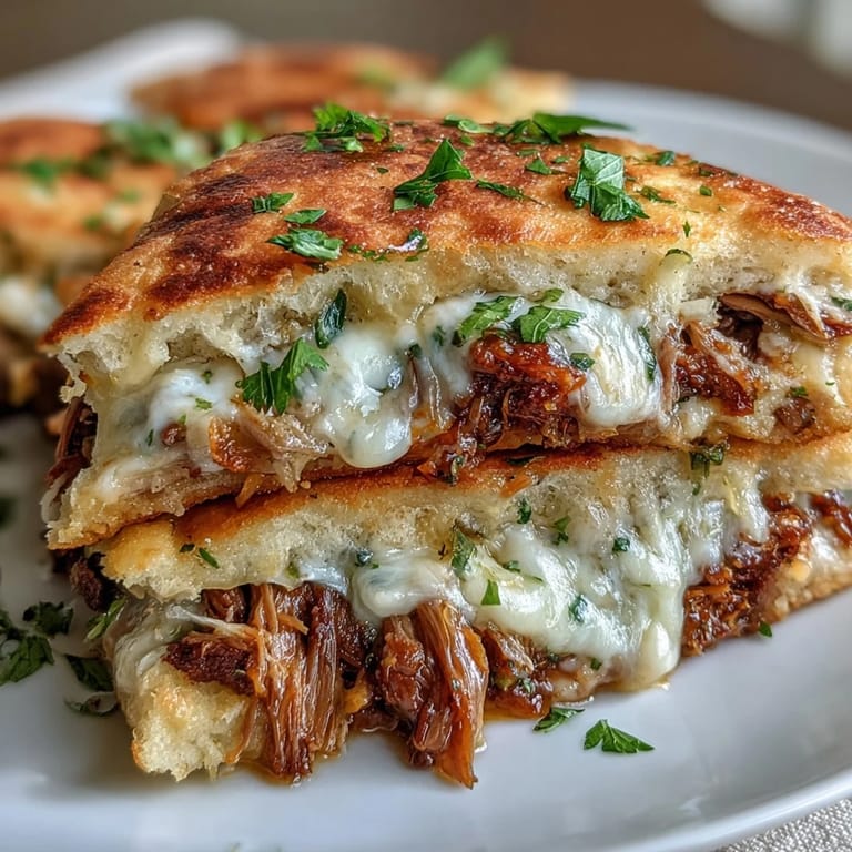 Golden brown Slow Cooker Beef & Garlic Naan Melt garnished with fresh parsley on a rustic wooden table.