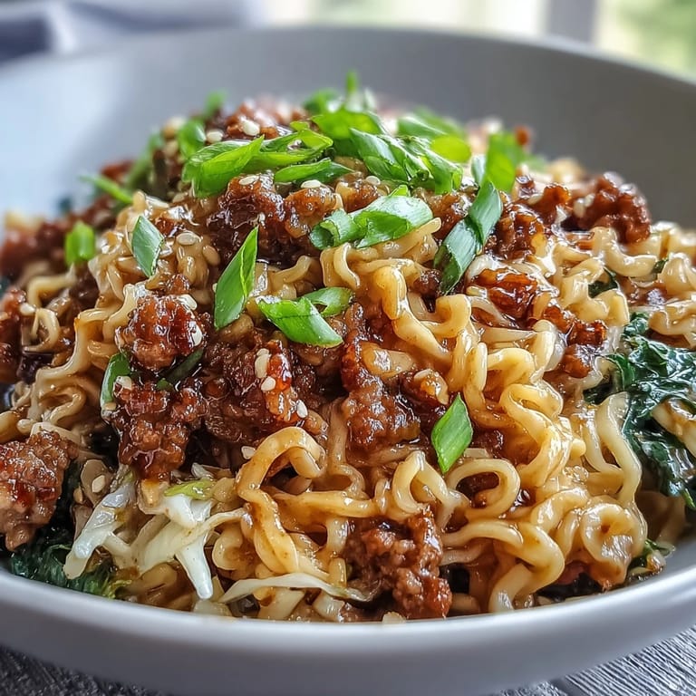 Fork twirls glossy noodles in Creamy Potsticker Noodle Stir-Fry as chili crisp and scallions top a hearty, easy weeknight bowl.