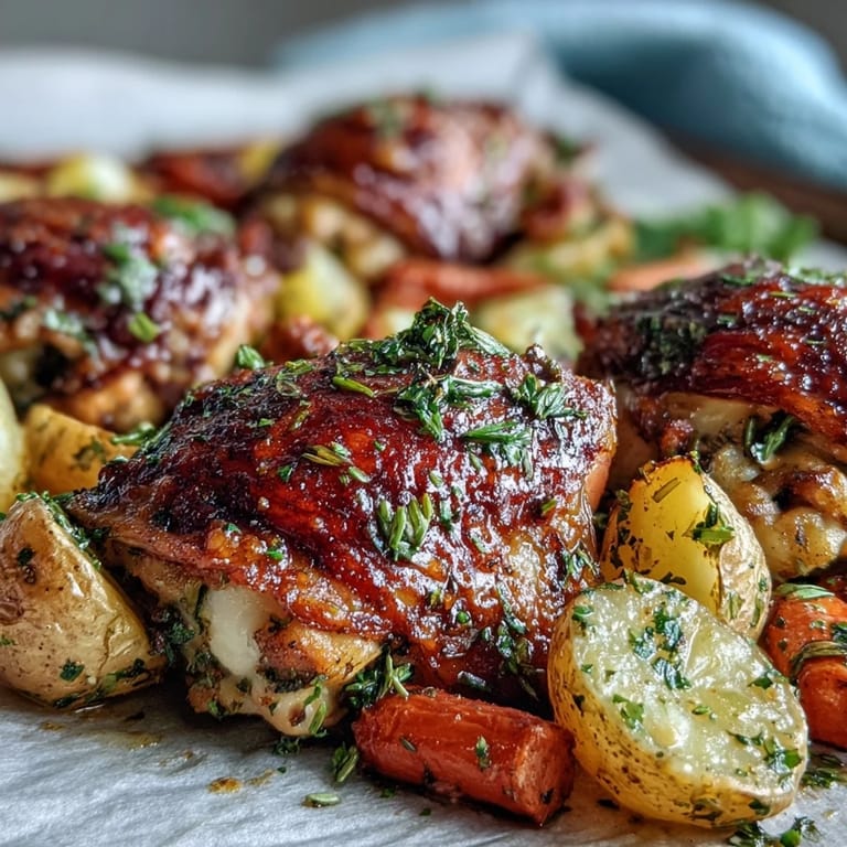 Overhead view of a plated Crispy Ranch Sheet Pan Chicken & Veggies, garnished with fresh parsley and ready to enjoy with a glass of white wine.
