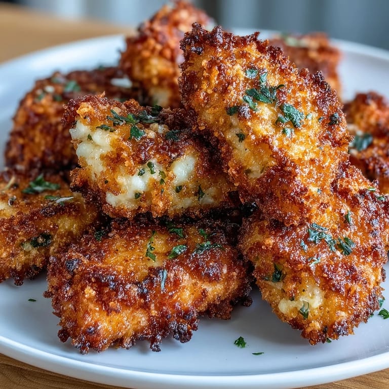 Crispy Asiago Panko Chicken Bites served with a side of creamy marinara dipping sauce.