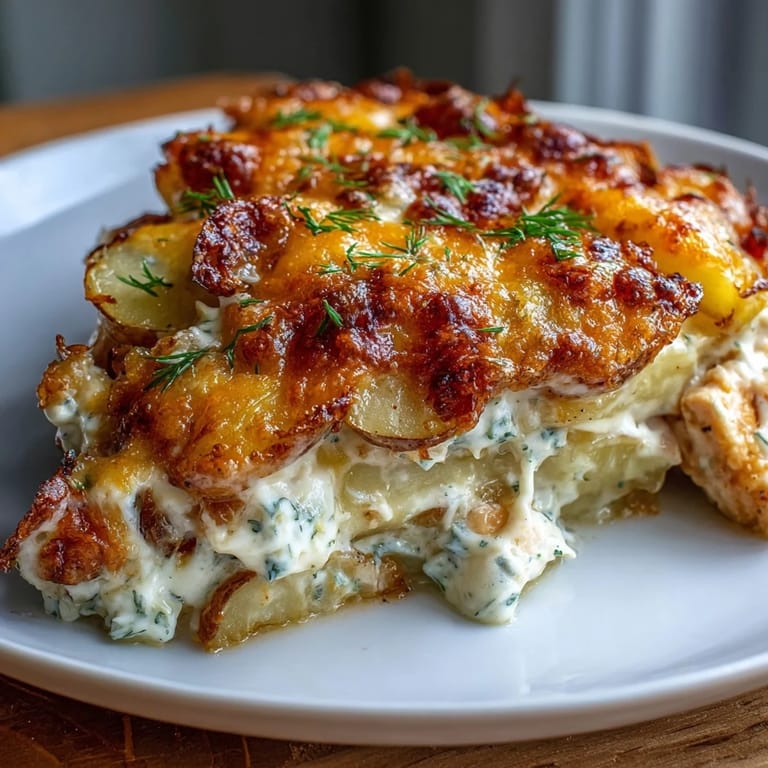 Layers of thinly sliced potatoes and chicken bathed in ranch cream sauce fill this comforting Creamy Ranch Chicken Potato Bake.