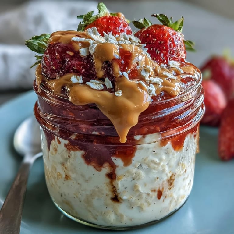 Layered High-Protein Peanut Butter & Jelly Overnight Oats in a jar, perfect for a healthy breakfast.