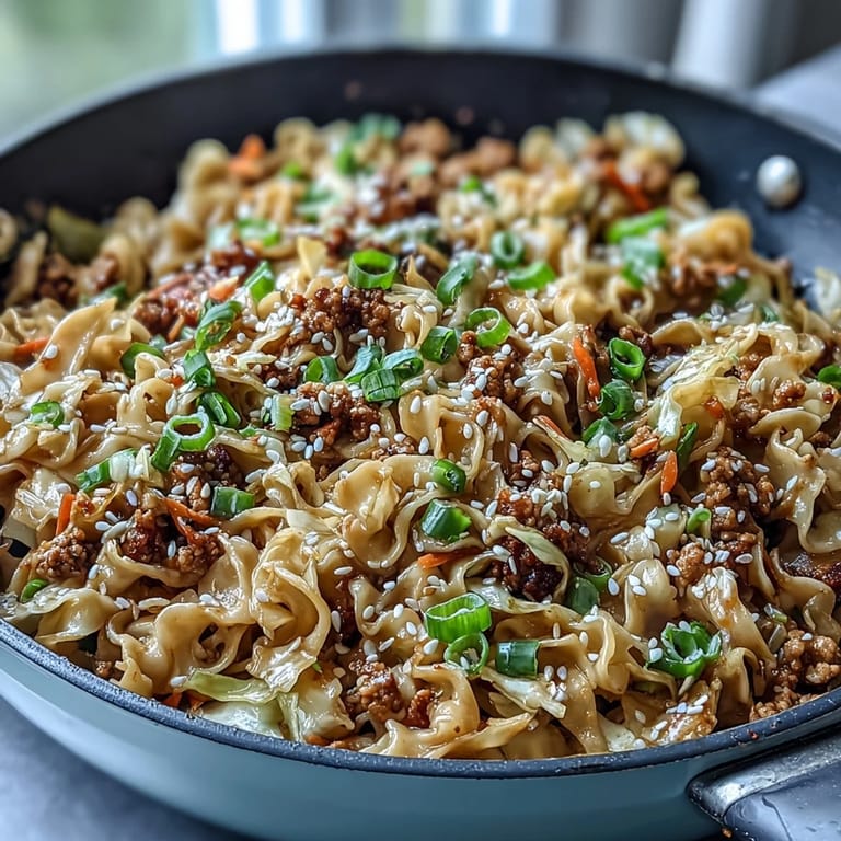 A close-up view of Creamy Potsticker Noodle Stir-Fry garnished with green onions and toasted sesame seeds. 
