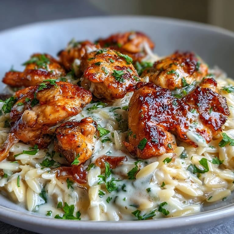 Tender chicken and orzo simmer in a creamy garlic-Parmesan sauce, with spinach mixed in and extra cheese on top for a hearty meal.