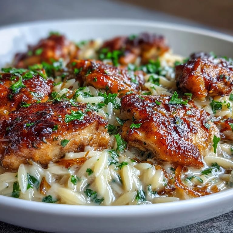 Close-up of a fork lifting creamy One-Pot Creamy Garlic Parmesan Chicken Orzo, showcasing the tender chicken, cheesy sauce, and al dente pasta.