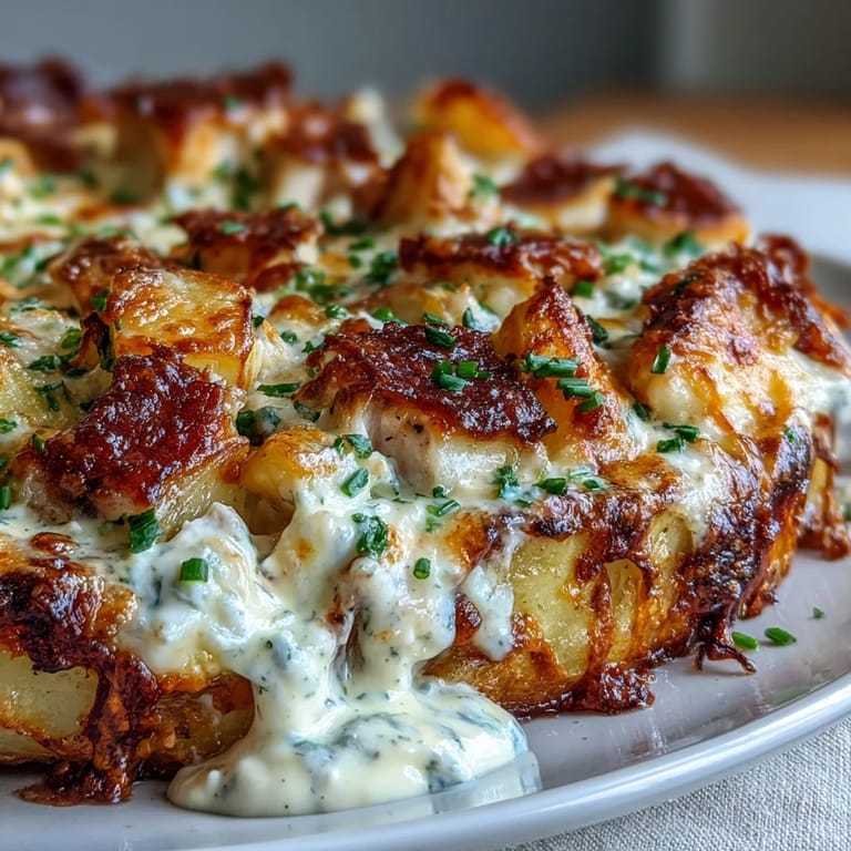 Sliced Creamy Ranch Chicken Potato Bake served on a white plate, revealing creamy interior and golden potato and chicken layers.