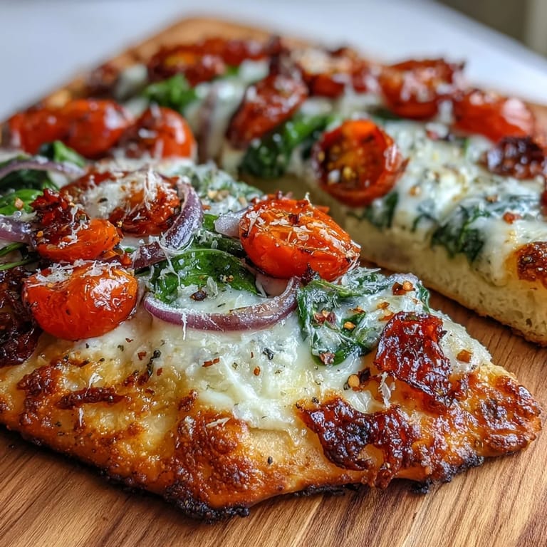 Golden Crispy Garlic Parmesan Naan Pizza topped with cherry tomatoes and spinach