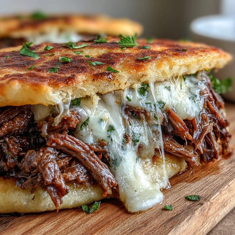 This Slow Cooker Beef & Garlic Naan Melt features tender beef pot roast nestled in buttery flatbread.
