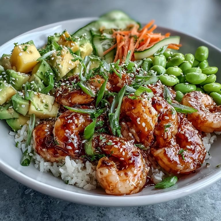 Overhead view of a 20-Minute Shrimp Poke Bowl with mango and edamame, drizzled with sauce.