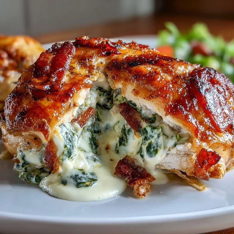 Sizzling Keto Spinach and Bacon Stuffed Chicken Breasts drizzled with garlic butter, served beside a fresh garden salad.