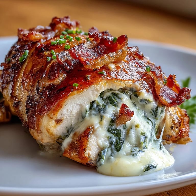 Plated Keto Spinach and Bacon Stuffed Chicken Breasts with a cross-section cut revealing the creamy spinach and bacon filling.