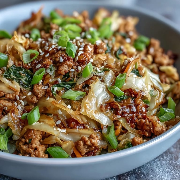 Serving suggestion for Keto Egg Roll in a Bowl with Ground Turkey garnished with sesame seeds, ready to eat hot from the skillet.