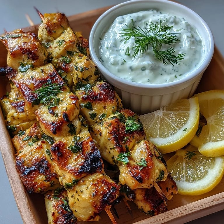 Close up of juicy Light Lemon Herb Chicken Skewers with Tzatziki and fresh herbs garnish.