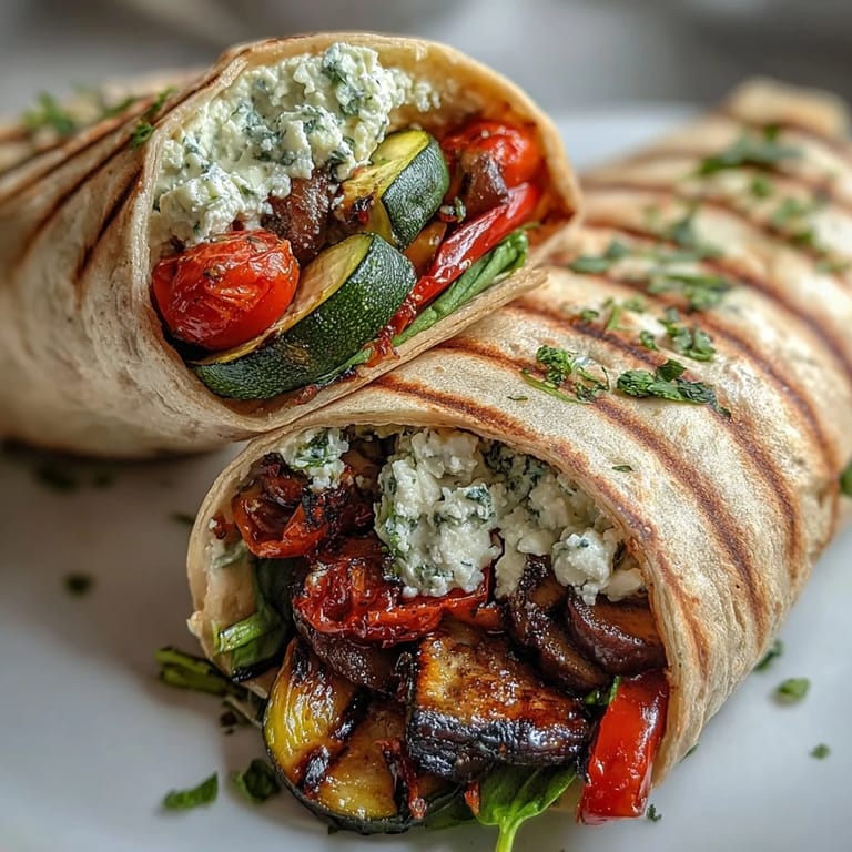 Sliced Mediterranean Grilled Vegetable Wraps reveal layers of creamy hummus, spinach, and cherry tomatoes on a vibrant platter.