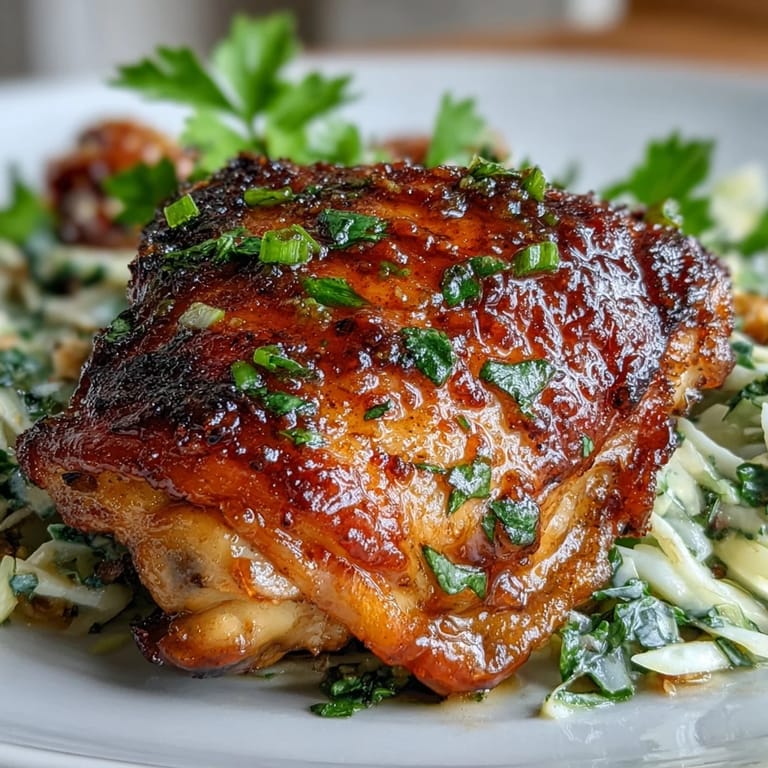 Crunchy, golden-brown chicken thighs paired with a tangy lemon butter cabbage slaw, offering a fresh and flavorful low-carb meal.