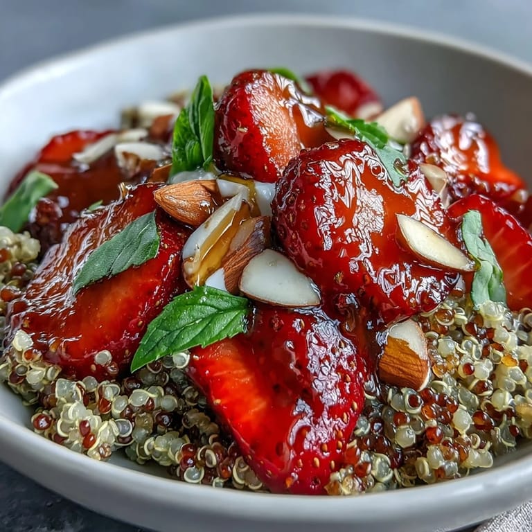 Fluffy quinoa paired with juicy strawberries, fragrant basil, and creamy yogurt, finished with a sweet honey drizzle.  