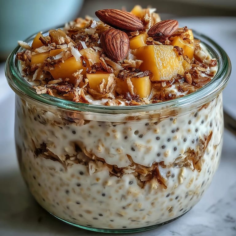 Tropical vegan breakfast in a jar featuring rolled oats, coconut milk, and a vibrant mango layer for a refreshing start.  