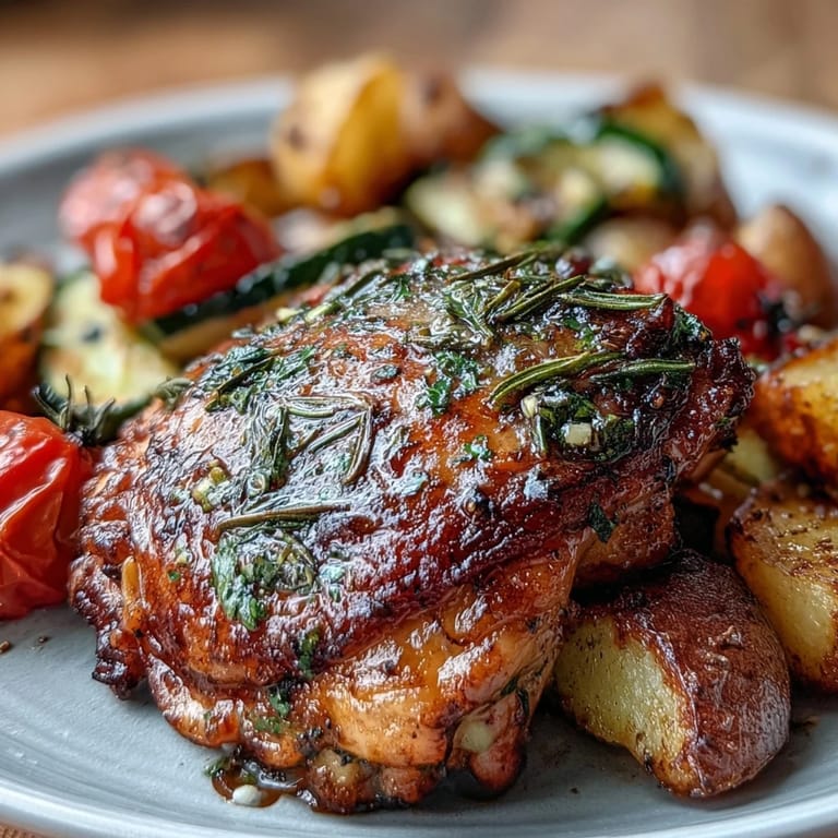 Vibrant Mediterranean sheet pan chicken with tender zucchini, sweet cherry tomatoes, and golden lemon-herb potatoes, garnished with fresh parsley.