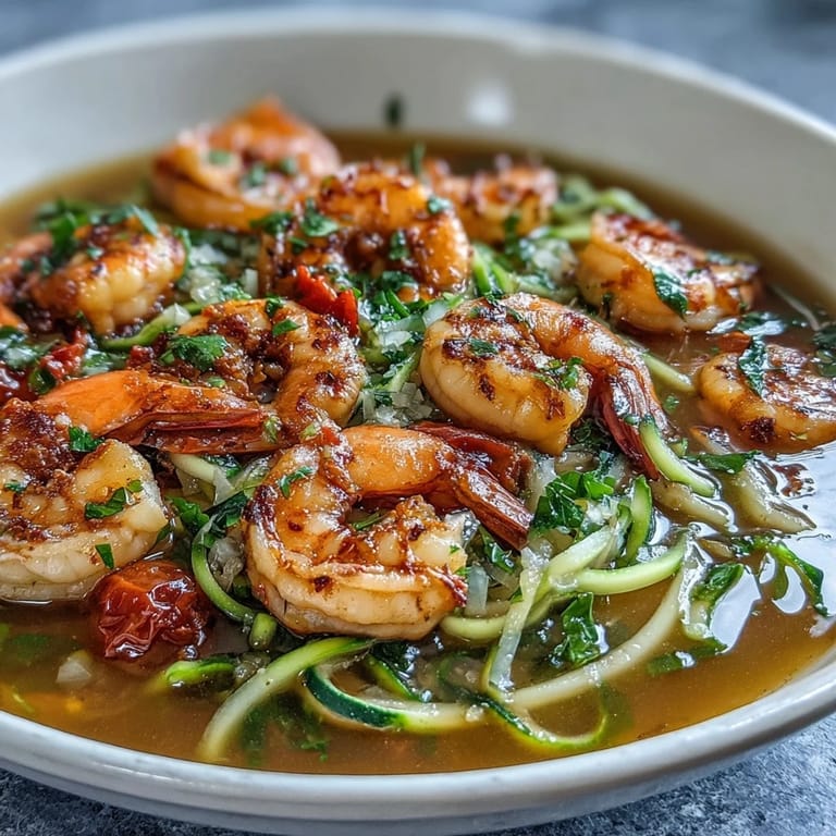 Colorful 15-minute zucchini noodle shrimp bowl served in a steaming lemon-garlic broth with fresh parsley.