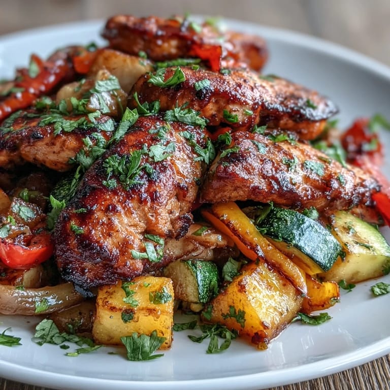 Spicy chili-marinated chicken breasts roasted with bell peppers, zucchini, and mango chunks in a vibrant one-pan meal.  