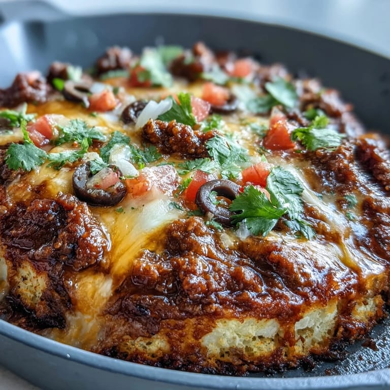 Keto-friendly taco skillet featuring a crispy cauliflower crust topped with spiced ground beef.  