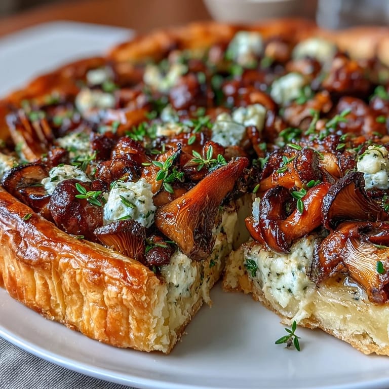 Golden puff pastry tart layered with earthy wild mushrooms, fresh thyme, and tangy goat cheese, perfect for brunch.