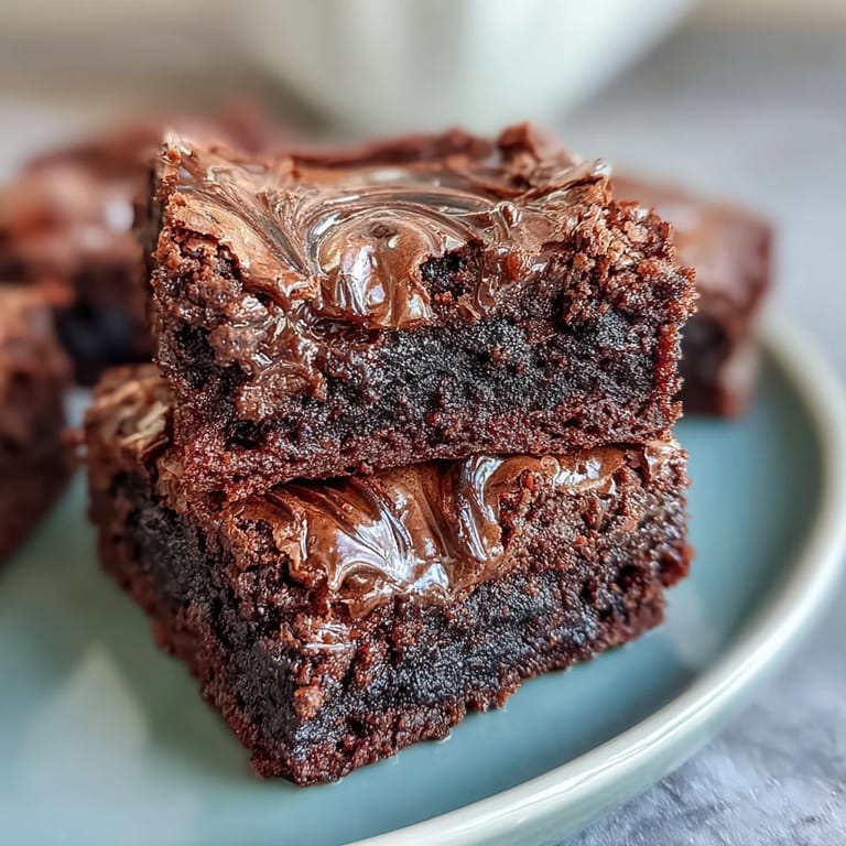 Moist, fudgy black sesame brownies with a glossy top, featuring beautiful swirls of sesame paste throughout the chocolatey layers.