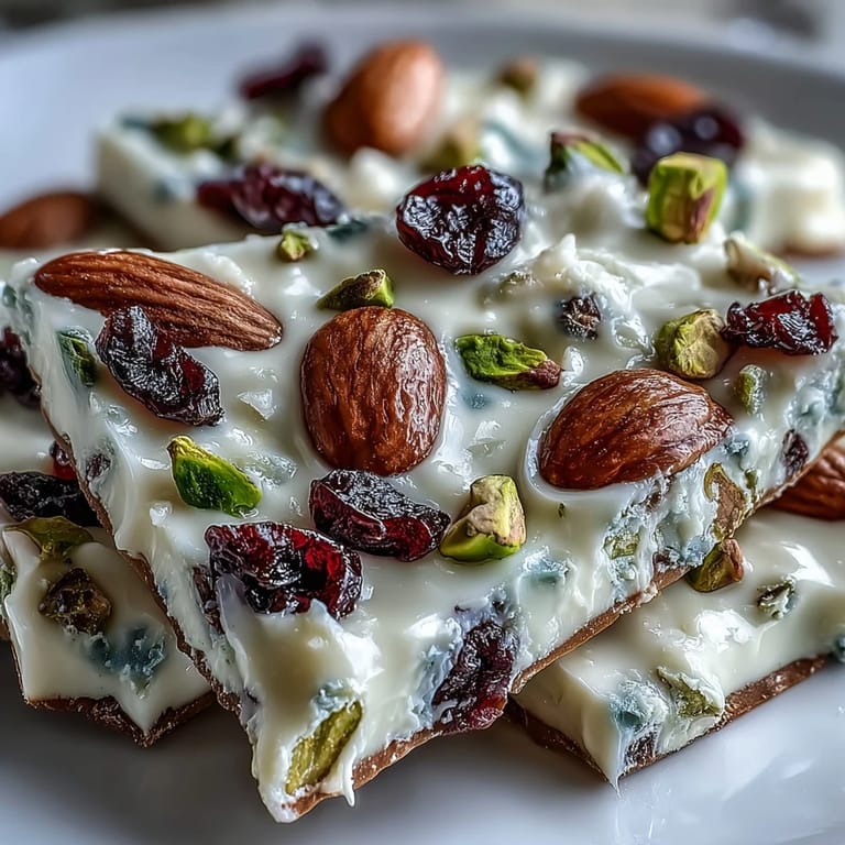 Silky white chocolate bark studded with crunchy pistachios and chewy dried fruits, an elegant dessert for any occasion.