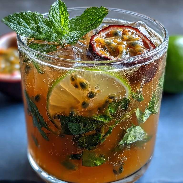 Refreshing passionfruit mojito cocktail garnished with mint sprig and lime wheel, perfect for summer sipping.