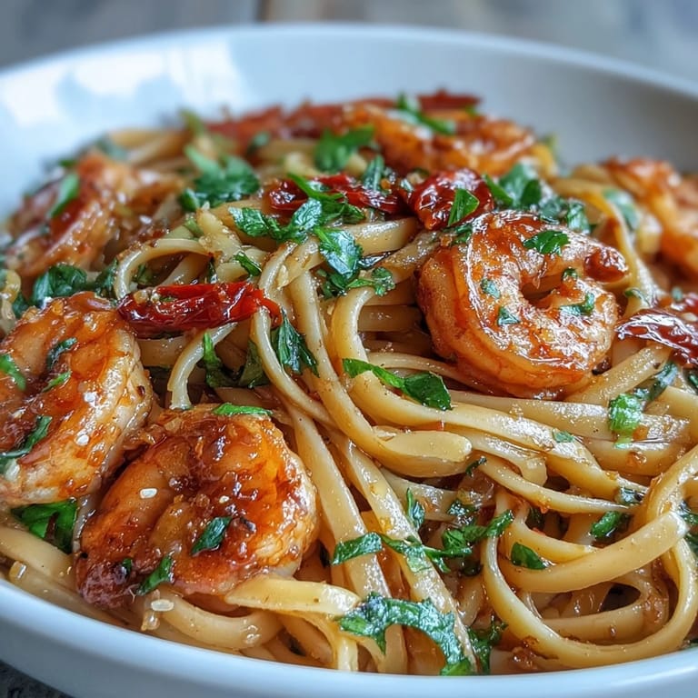 Flavorful chili-garlic shrimp linguine tossed with al dente pasta and bright herbs, ready to enjoy.