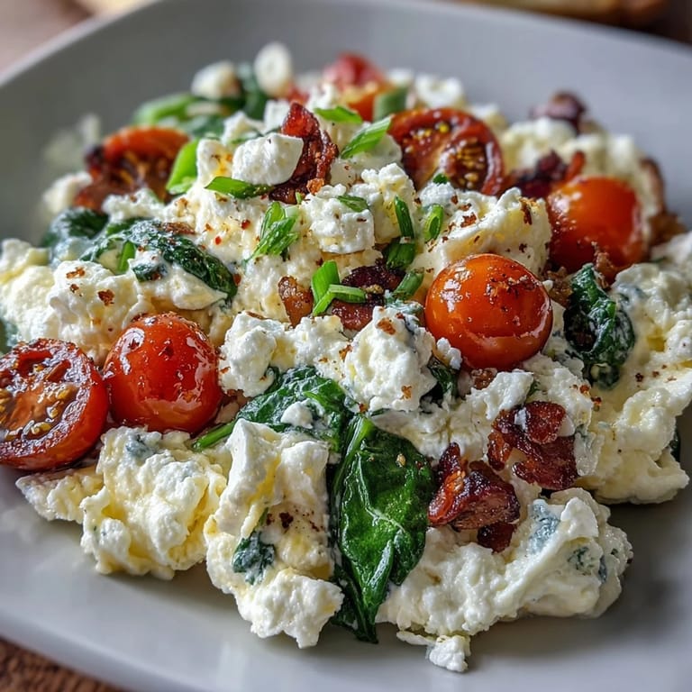 Vibrant cottage cheese egg scramble loaded with red bell peppers, spinach, and tomatoes in a nonstick skillet.