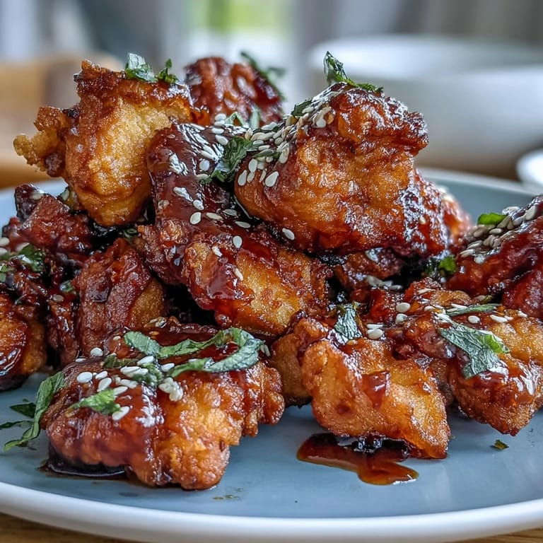 Golden-brown chicken bites coated in sticky gochujang glaze, garnished with green onions and sesame.  