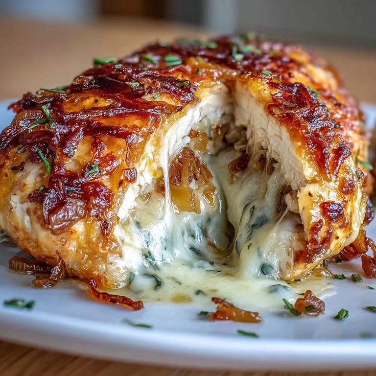 Oven-baked stuffed chicken breasts oozing with caramelized onions and melted cheese, inspired by the flavors of classic French onion soup.