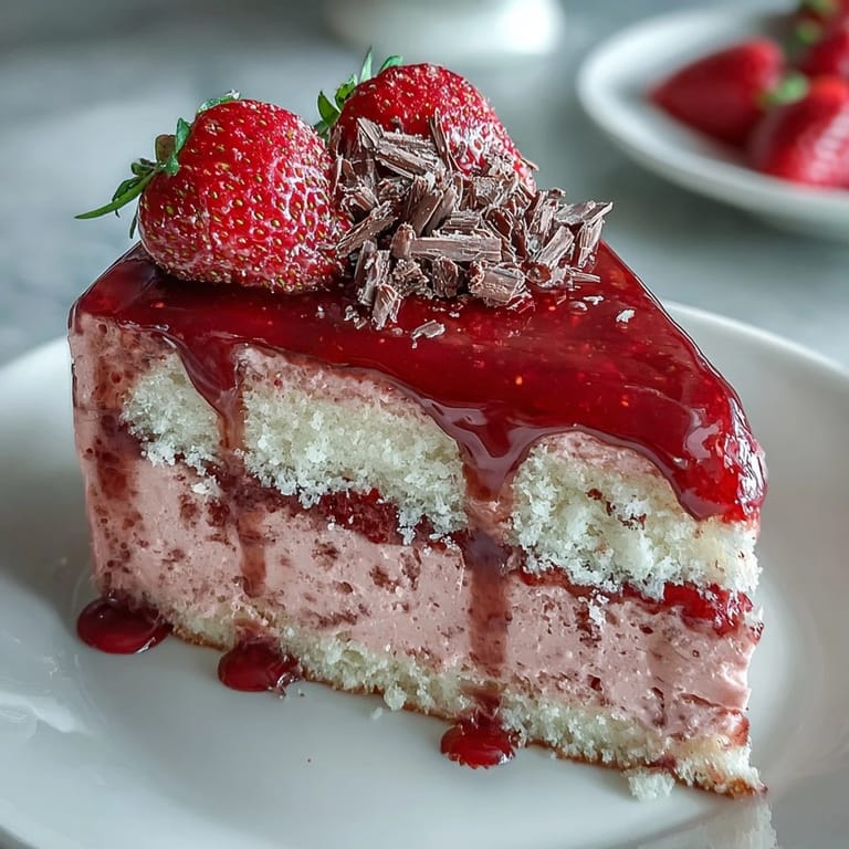 Decadent strawberry mousse cake layered with tender sponge, fresh berries, and shimmering glaze—an irresistible Valentine's Day treat.