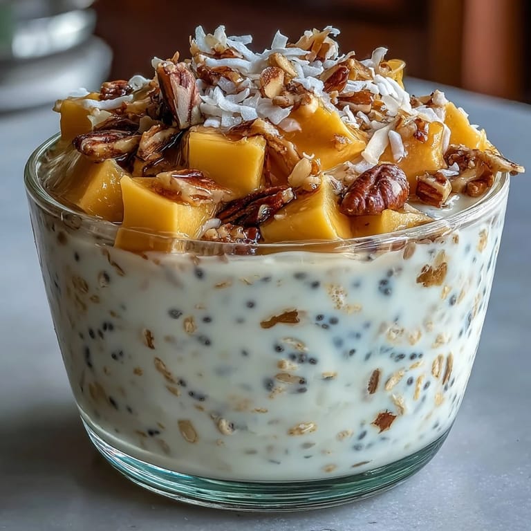 Delicious overnight oats topped with ripe mango slices and coconut flakes, ideal for a healthy, dairy-free breakfast.