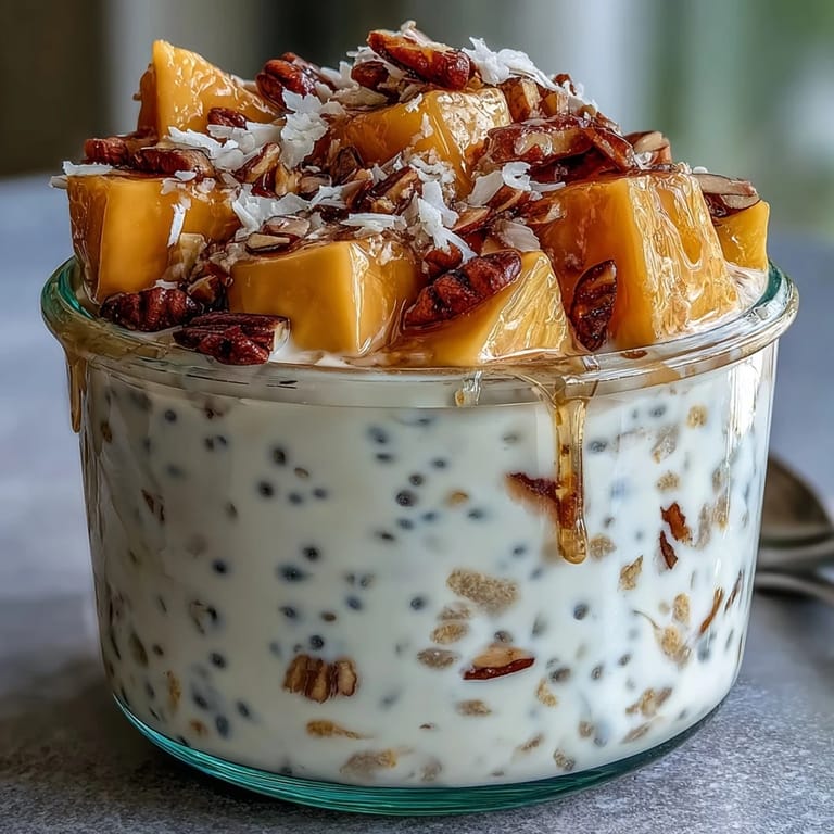 Vibrant bowl of overnight oats layered with fresh mango, coconut shreds, and crunchy nuts for a refreshing start.  