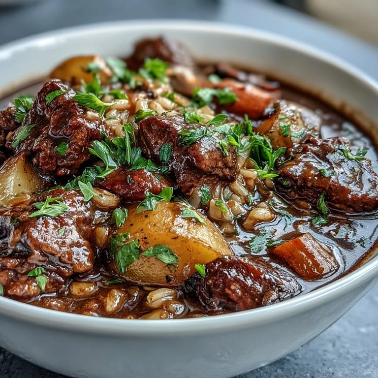 Tender beef chuck, nutty barley, and seasonal root veggies simmered in Guinness stout for a comforting Irish stew.