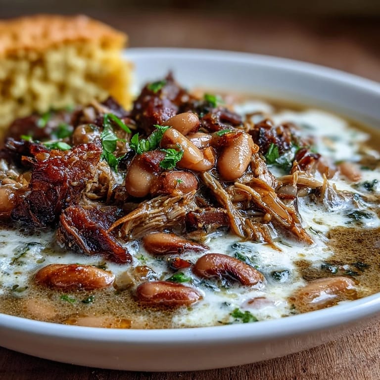 Smoky ham hock and white bean soup with diced carrots and celery, paired with a slice of warm, buttery cornbread fresh from the oven.