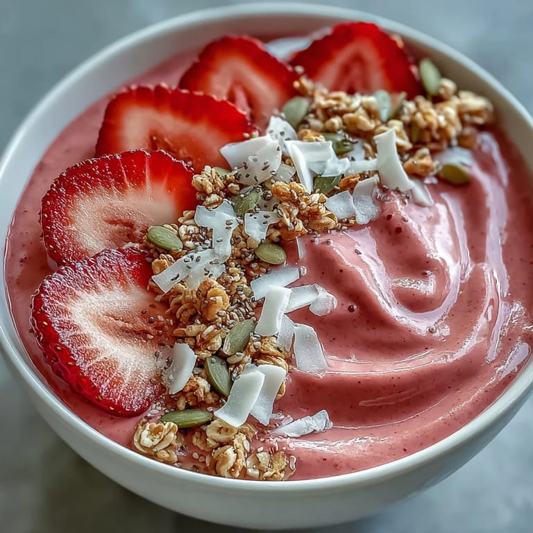 Creamy strawberry and cauliflower smoothie bowl blended with protein powder and topped with crunchy granola and coconut.