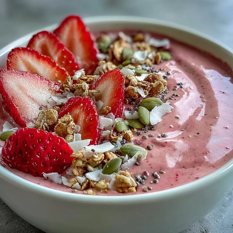 Thick and refreshing strawberry protein smoothie bowl featuring hidden cauliflower, chia seeds, and colorful fresh toppings.