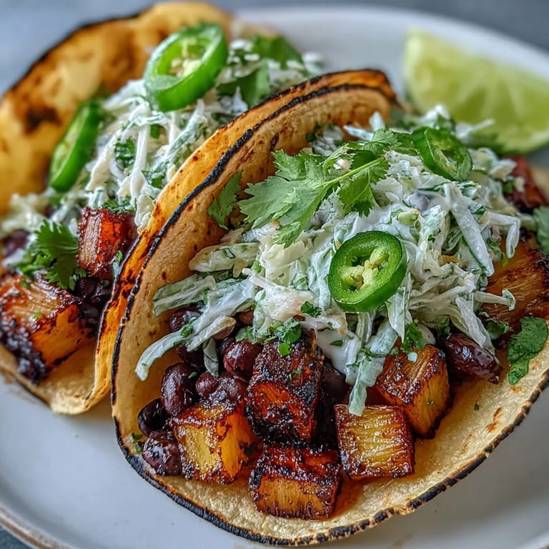 Vibrant vegan tacos loaded with fresh pineapple, hearty black beans, and refreshing coconut lime slaw for a flavor-packed meal.