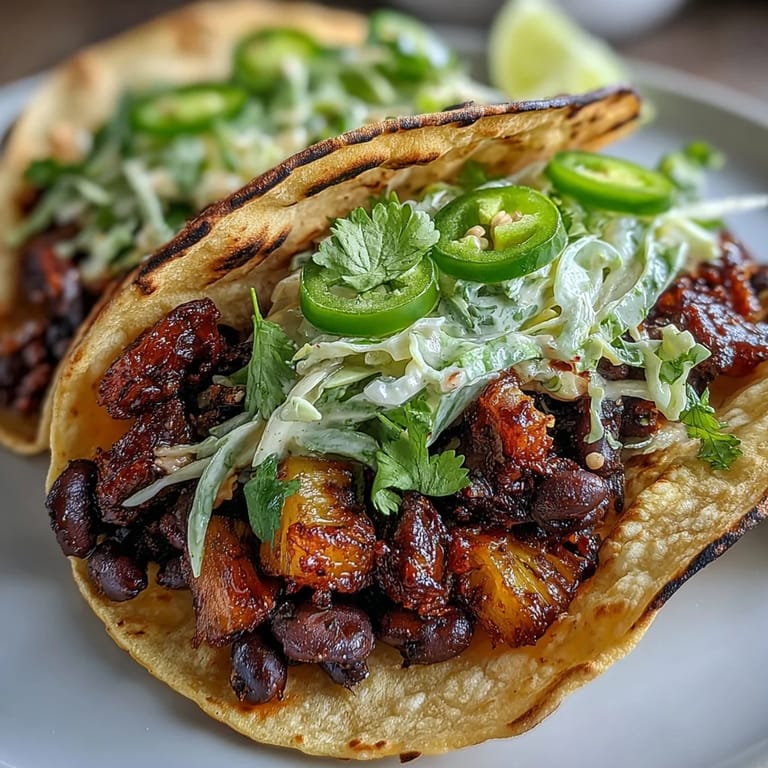Colorful plant-based tacos featuring caramelized pineapple, smoky black beans, and zesty coconut lime slaw—perfect for summer dining.  