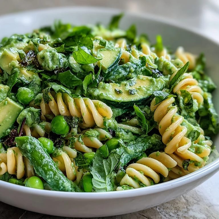 Vibrant Spring Green Goddess Pasta Salad with Peas and Herbs, tossed with baby spinach, cucumber, and avocado, served chilled for a refreshing vegetarian meal.