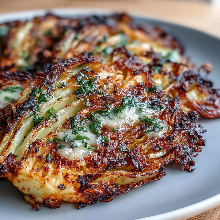 Thick-cut cabbage slices air-fried until edges are caramelized and served with a fragrant garlic herb butter sauce.  