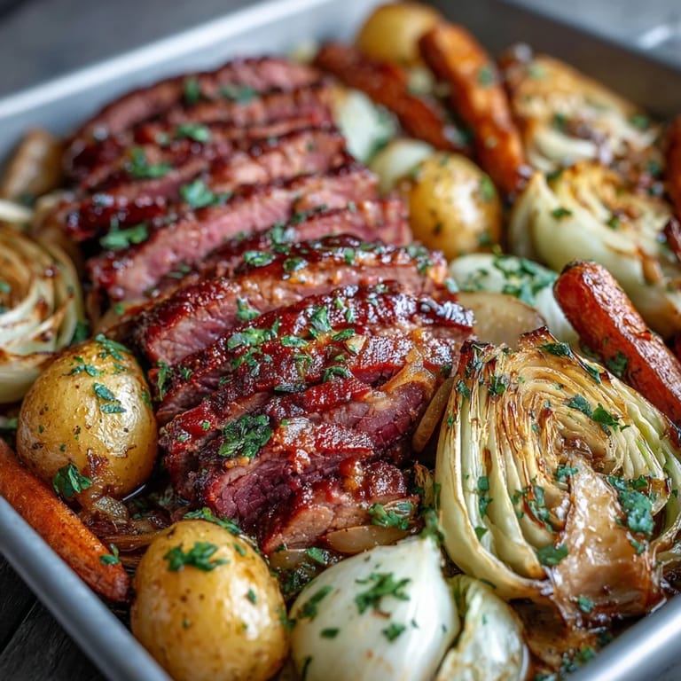 Golden roasted baby potatoes, carrots, and cabbage mingle with savory corned beef on a single sheet pan, creating a satisfying gluten-free dinner.